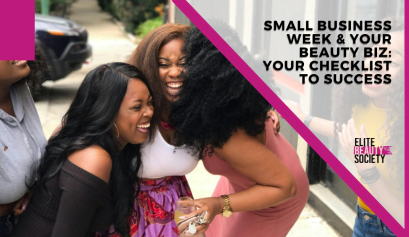A group of beauty business owners gather together to laugh and celebration small business week.