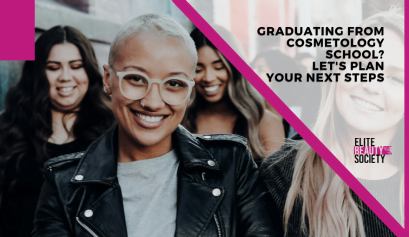 A group of cosmetology school students smile for the camera after finishing their program.