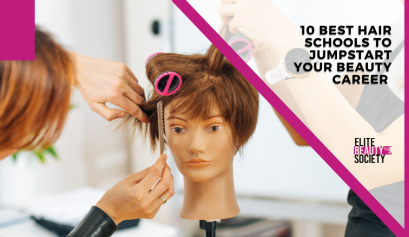 A cosmetology student practicing hairstyling techniques on a mannequin head, with tools like a comb and hair rollers, showcasing hands-on training.