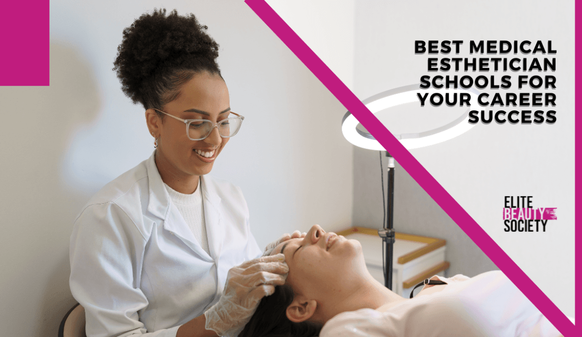 A smiling medical esthetician in a white coat performing a skincare treatment on a client in a professional setting.