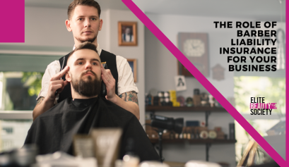A barber holds his clients head straight as he trims his hair, talking about barber liability insurance.